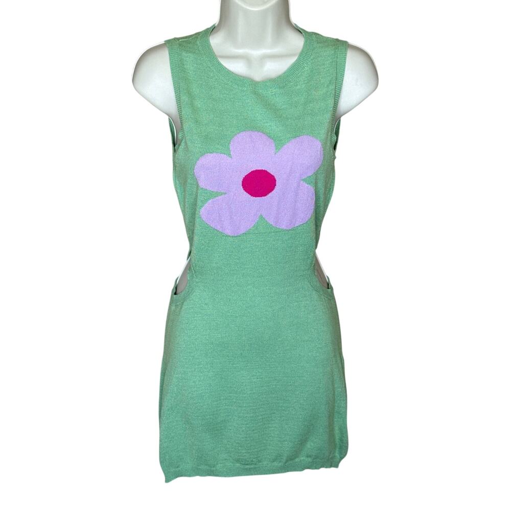 Bailey Rose Unique Vintage Green and Purple Flower Knit Cutout Dress S NWOT